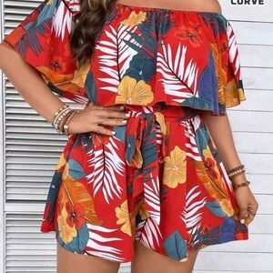 SHEIN Curve Red Tropical Off-Shoulder Romper | 2XL | New